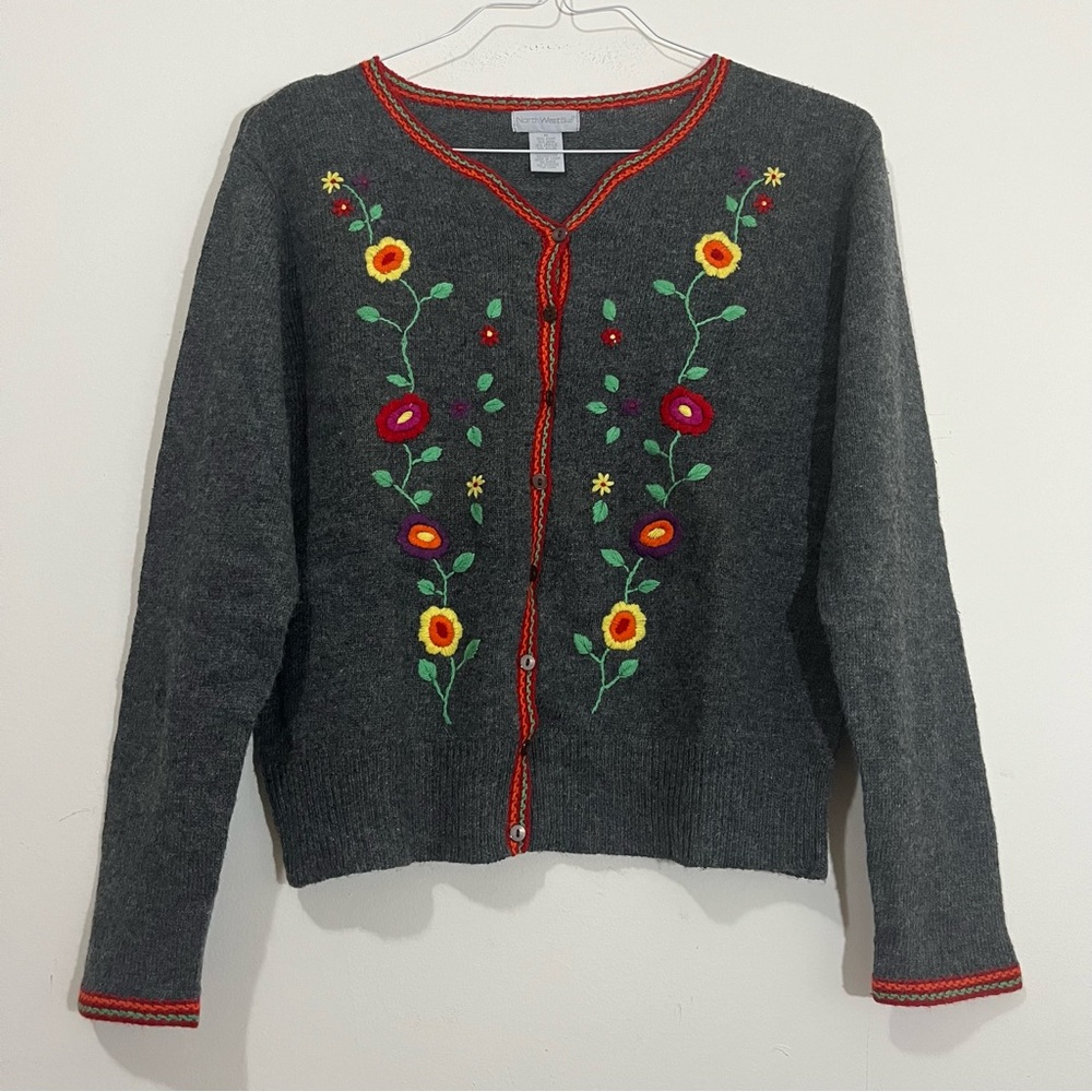 Vintage 90s Northwest Blue Wool Ramie Cardigan Flowers Embroidered Size M Granny